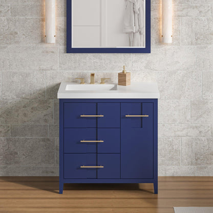 Hardware Resources Jeffrey Alexander Katara 36" Hale Blue Freestanding Vanity With Left Offset, Lavante Cultured Marble Vessel Vanity Top , Backsplash and Rectangle Undermount Sink