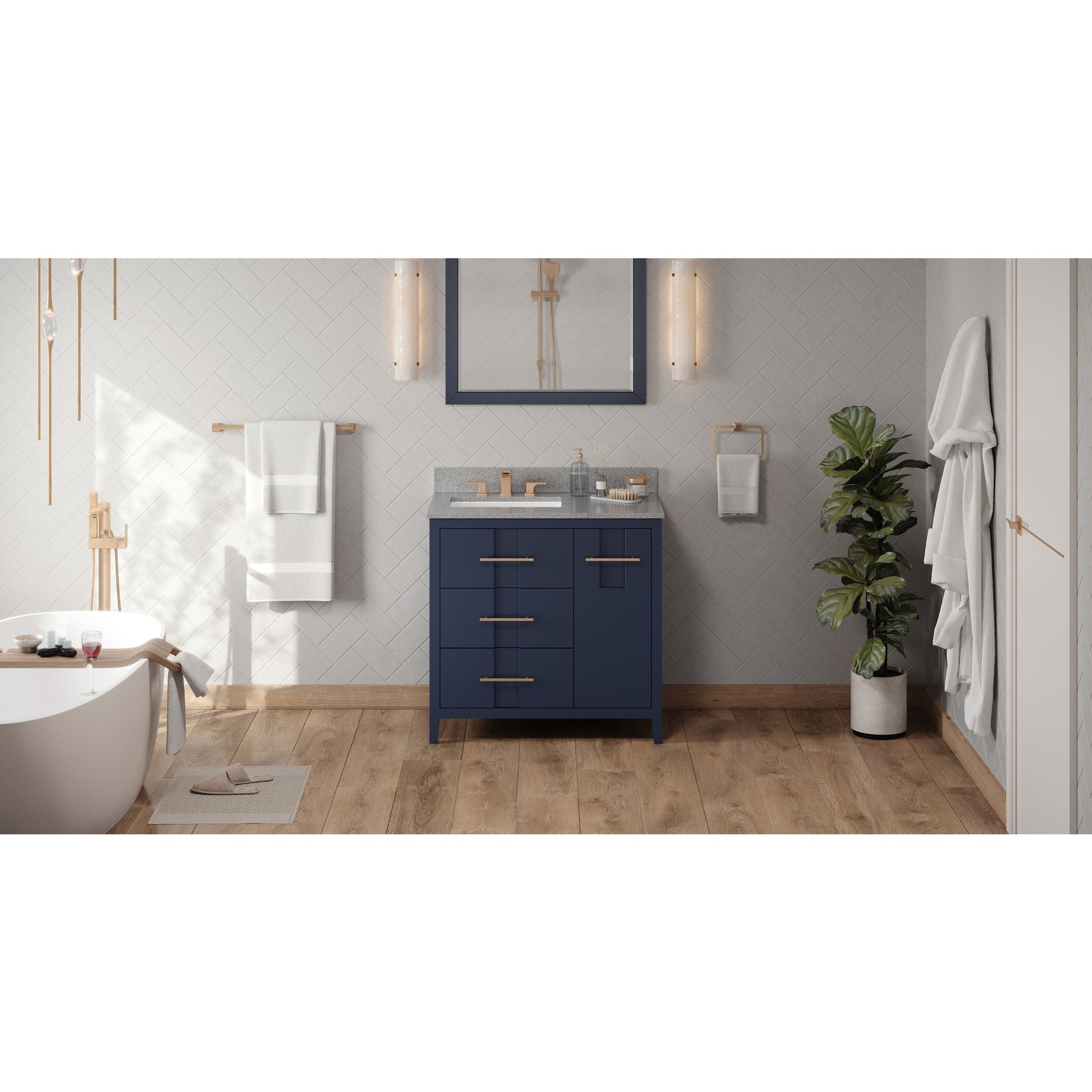 Hardware Resources Jeffrey Alexander Katara 36" Hale Blue Freestanding Vanity With Left Offset, Steel Gray Cultured Marble Vanity Top, Backsplash and Rectangle Undermount Sink