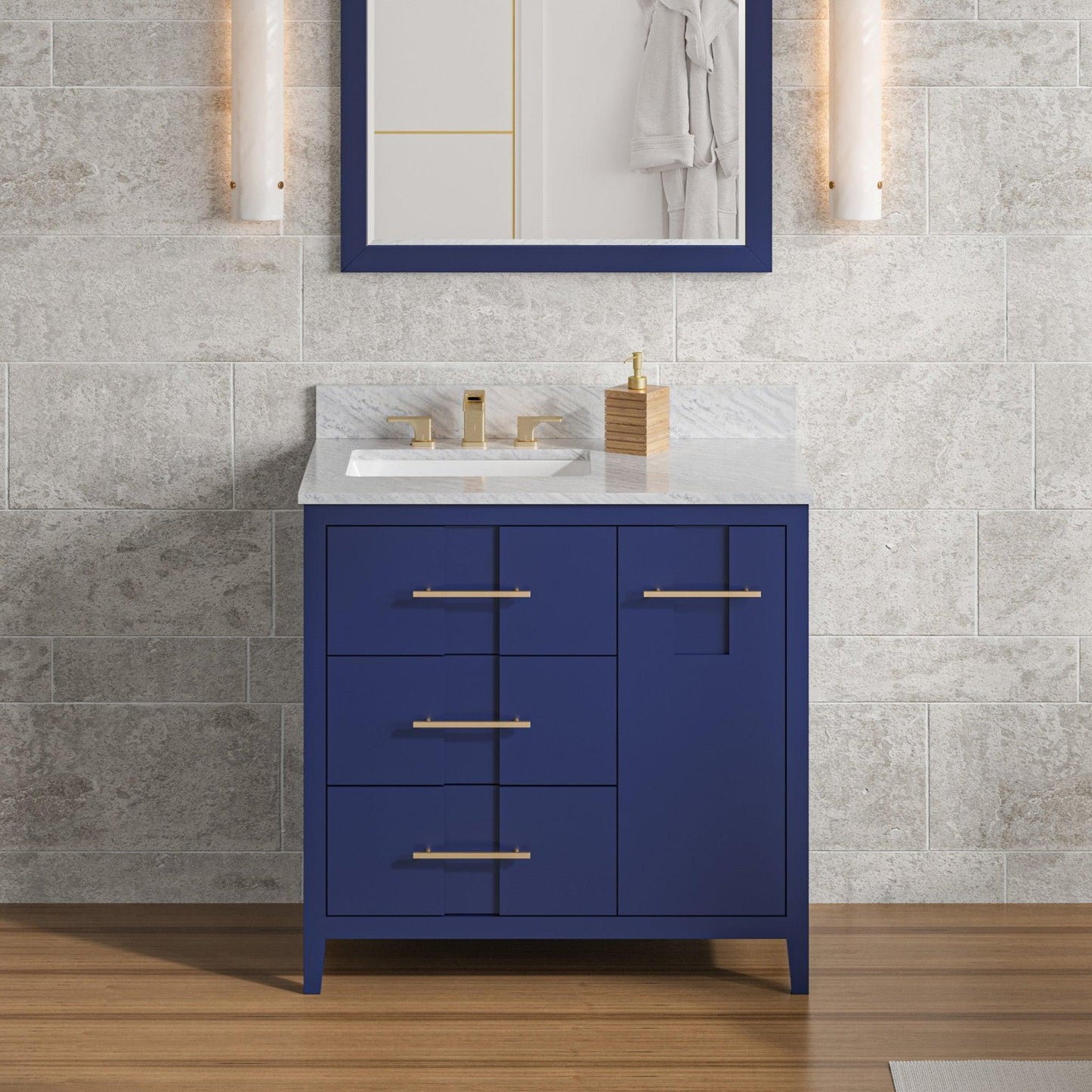 Hardware Resources Jeffrey Alexander Katara 36" Hale Blue Freestanding Vanity With Left Offset, White Carrara Marble Vanity Top, Backsplash and Rectangle Undermount Sink