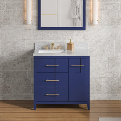 Hardware Resources Jeffrey Alexander Katara 36" Hale Blue Freestanding Vanity With Left Offset, White Carrara Marble Vanity Top, Backsplash and Rectangle Undermount Sink