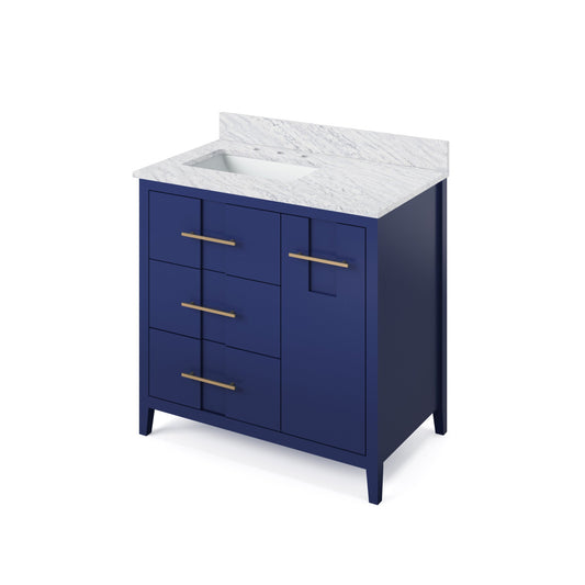 Hardware Resources Jeffrey Alexander Katara 36" Hale Blue Freestanding Vanity With Left Offset, White Carrara Marble Vanity Top, Backsplash and Rectangle Undermount Sink