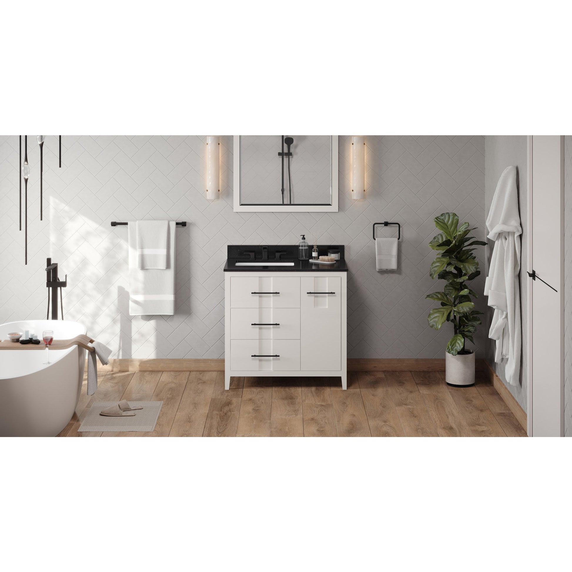 Hardware Resources Jeffrey Alexander Katara 36" White Freestanding Vanity With Left Offset, Black Granite Vanity Top, Backsplash and Rectangle Undermount Sink