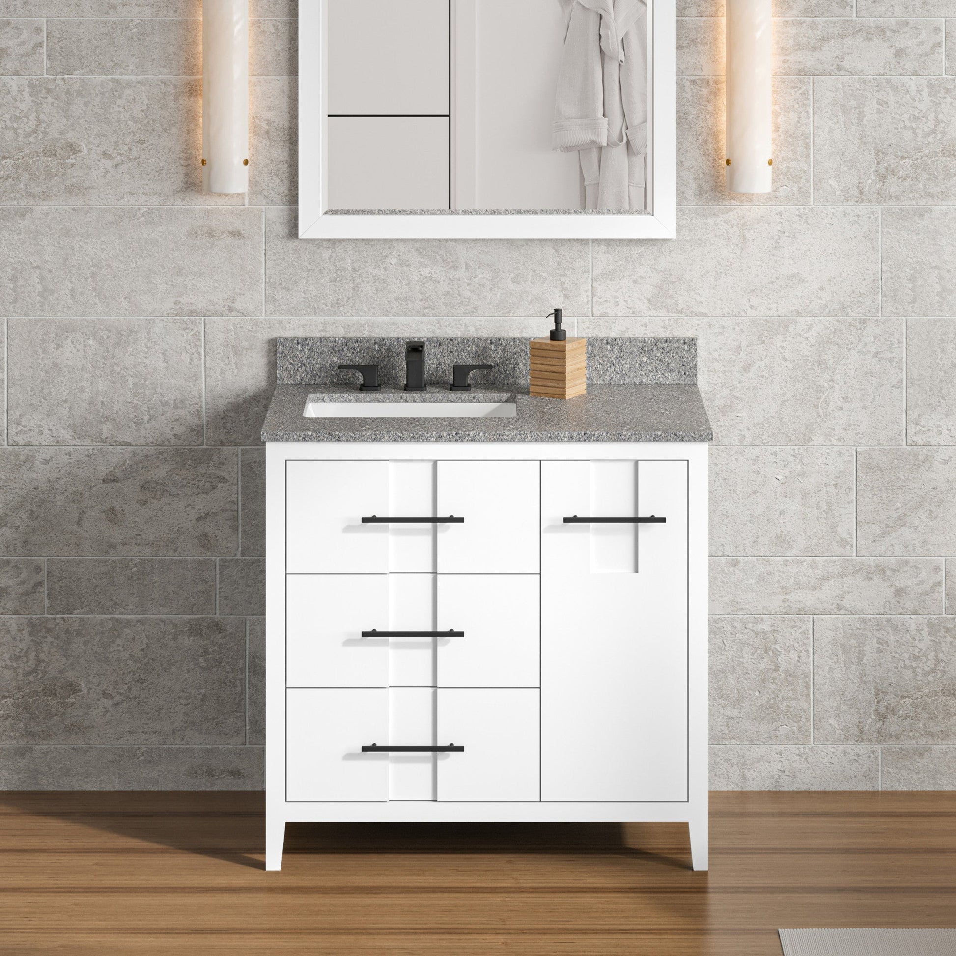 Hardware Resources Jeffrey Alexander Katara 36" White Freestanding Vanity With Left Offset, Boulder Vanity Cultured Marble Vanity Top, Backsplash and Rectangle Undermount Sink