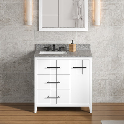 Hardware Resources Jeffrey Alexander Katara 36" White Freestanding Vanity With Left Offset, Boulder Vanity Cultured Marble Vanity Top, Backsplash and Rectangle Undermount Sink