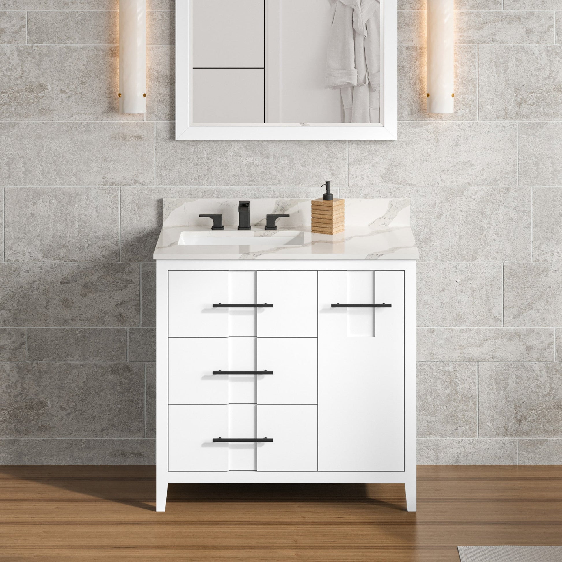 Hardware Resources Jeffrey Alexander Katara 36" White Freestanding Vanity With Left Offset, Calacatta Vienna Quartz Vanity Top, Backsplash and Rectangle Undermount Sink