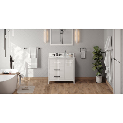 Hardware Resources Jeffrey Alexander Katara 36" White Freestanding Vanity With Left Offset, Calacatta Vienna Quartz Vanity Top, Backsplash and Rectangle Undermount Sink