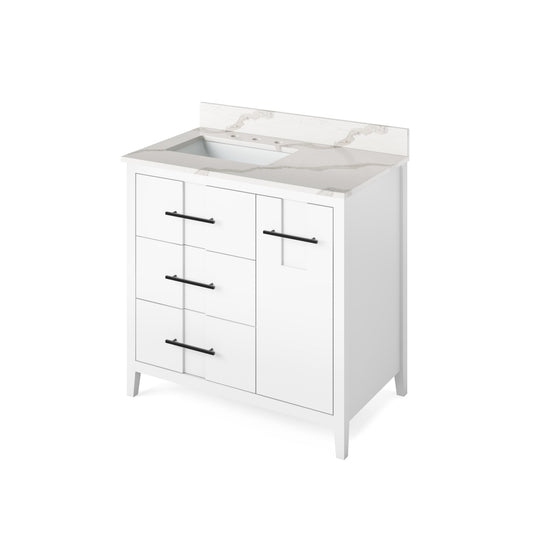 Hardware Resources Jeffrey Alexander Katara 36" White Freestanding Vanity With Left Offset, Calacatta Vienna Quartz Vanity Top, Backsplash and Rectangle Undermount Sink