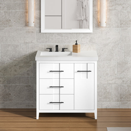 Hardware Resources Jeffrey Alexander Katara 36" White Freestanding Vanity With Left Offset, Lavante Cultured Marble Vessel Vanity Top , Backsplash and Rectangle Undermount Sink