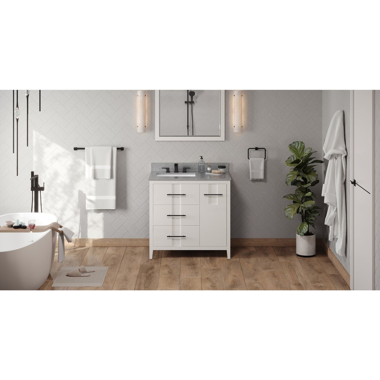 Hardware Resources Jeffrey Alexander Katara 36" White Freestanding Vanity With Left Offset, Steel Gray Cultured Marble Vanity Top, Backsplash and Rectangle Undermount Sink