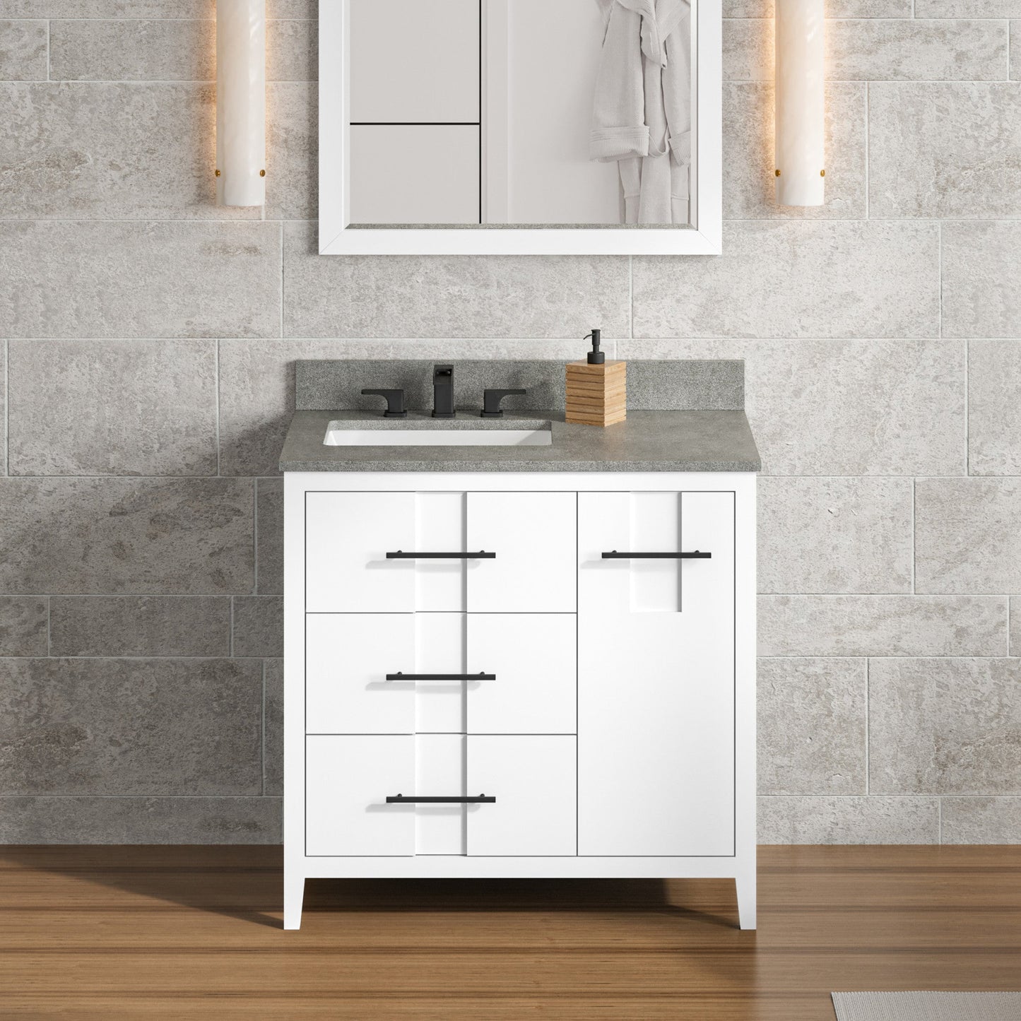 Hardware Resources Jeffrey Alexander Katara 36" White Freestanding Vanity With Left Offset, Steel Gray Cultured Marble Vanity Top, Backsplash and Rectangle Undermount Sink