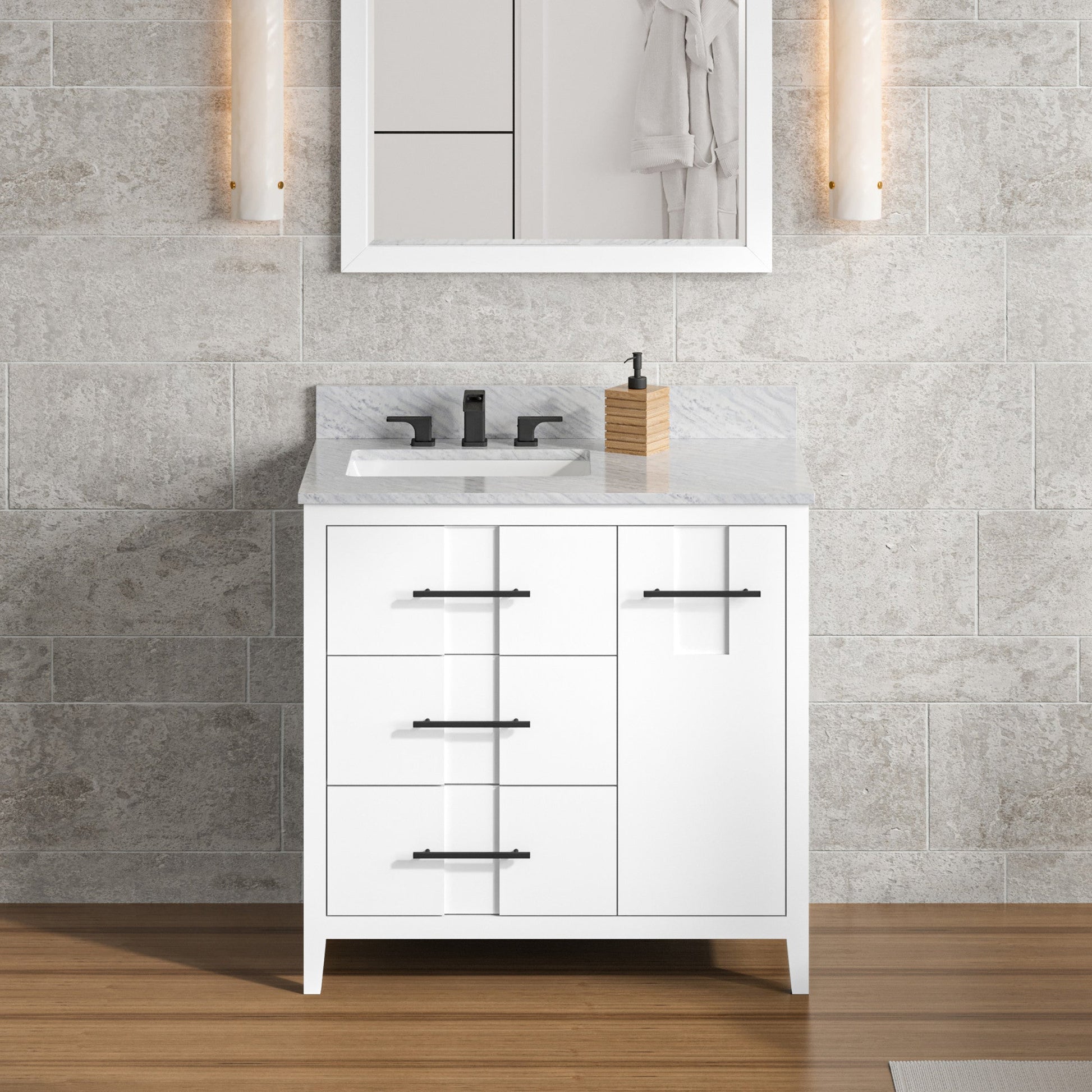 Hardware Resources Jeffrey Alexander Katara 36" White Freestanding Vanity With Left Offset, White Carrara Marble Vanity Top, Backsplash and Rectangle Undermount Sink