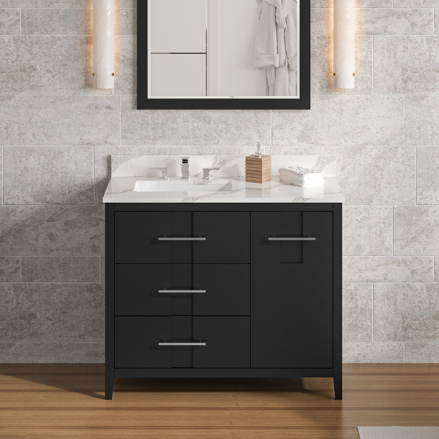 Hardware Resources Jeffrey Alexander Katara 42" Black Freestanding Vanity With Left Offset, Calacatta Vienna Quartz Vanity Top, Backsplash and Rectangle Undermount Sink