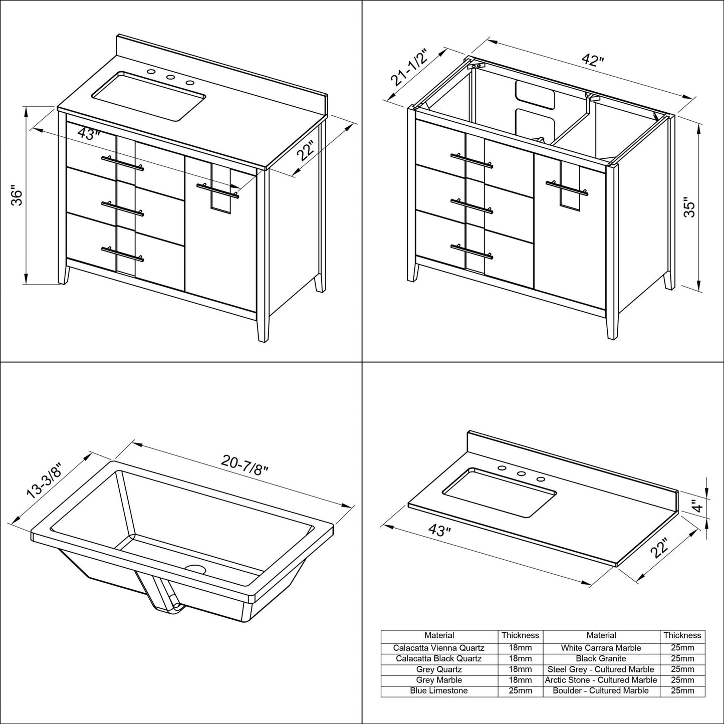 Hardware Resources Jeffrey Alexander Katara 42" Black Freestanding Vanity With Left Offset, Calacatta Vienna Quartz Vanity Top, Backsplash and Rectangle Undermount Sink