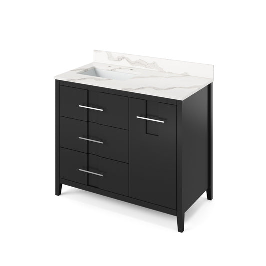 Hardware Resources Jeffrey Alexander Katara 42" Black Freestanding Vanity With Left Offset, Calacatta Vienna Quartz Vanity Top, Backsplash and Rectangle Undermount Sink