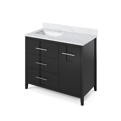 Hardware Resources Jeffrey Alexander Katara 42" Black Freestanding Vanity With Left Offset, White Carrara Marble Vanity Top, Backsplash and Rectangle Undermount Sink