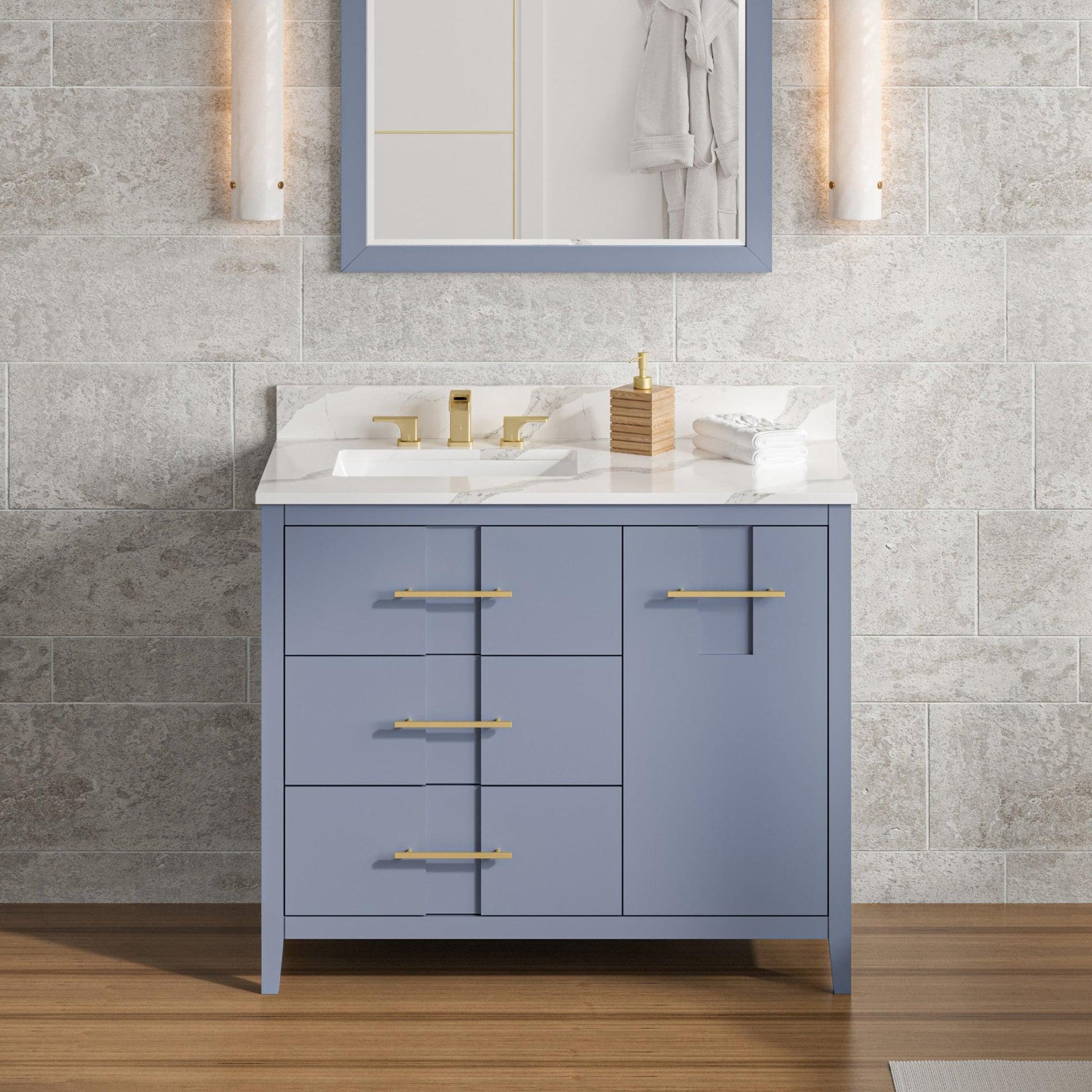 Hardware Resources Jeffrey Alexander Katara 42" Blue Steel Freestanding Vanity With Left Offset, Calacatta Vienna Quartz Vanity Top, Backsplash and Rectangle Undermount Sink