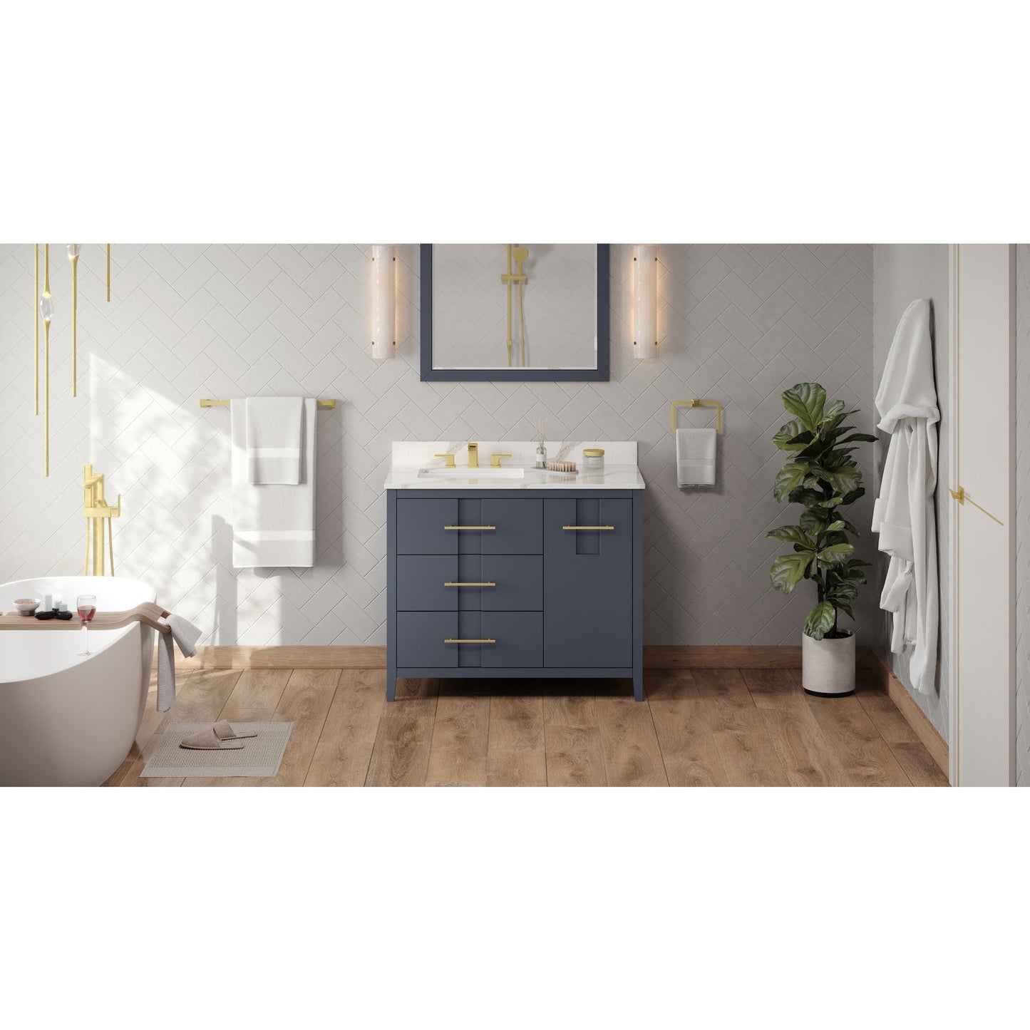 Hardware Resources Jeffrey Alexander Katara 42" Blue Steel Freestanding Vanity With Left Offset, Calacatta Vienna Quartz Vanity Top, Backsplash and Rectangle Undermount Sink