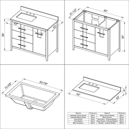 Hardware Resources Jeffrey Alexander Katara 42" Blue Steel Freestanding Vanity With Left Offset, Calacatta Vienna Quartz Vanity Top, Backsplash and Rectangle Undermount Sink