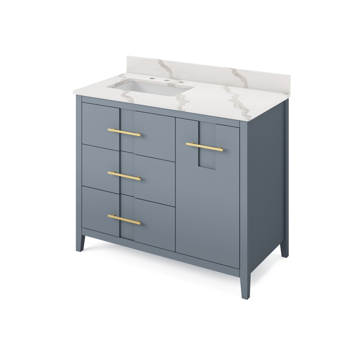 Hardware Resources Jeffrey Alexander Katara 42" Blue Steel Freestanding Vanity With Left Offset, Calacatta Vienna Quartz Vanity Top, Backsplash and Rectangle Undermount Sink