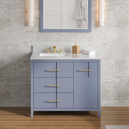 Hardware Resources Jeffrey Alexander Katara 42" Blue Steel Freestanding Vanity With Left Offset, White Carrara Marble Vanity Top, Backsplash and Rectangle Undermount Sink