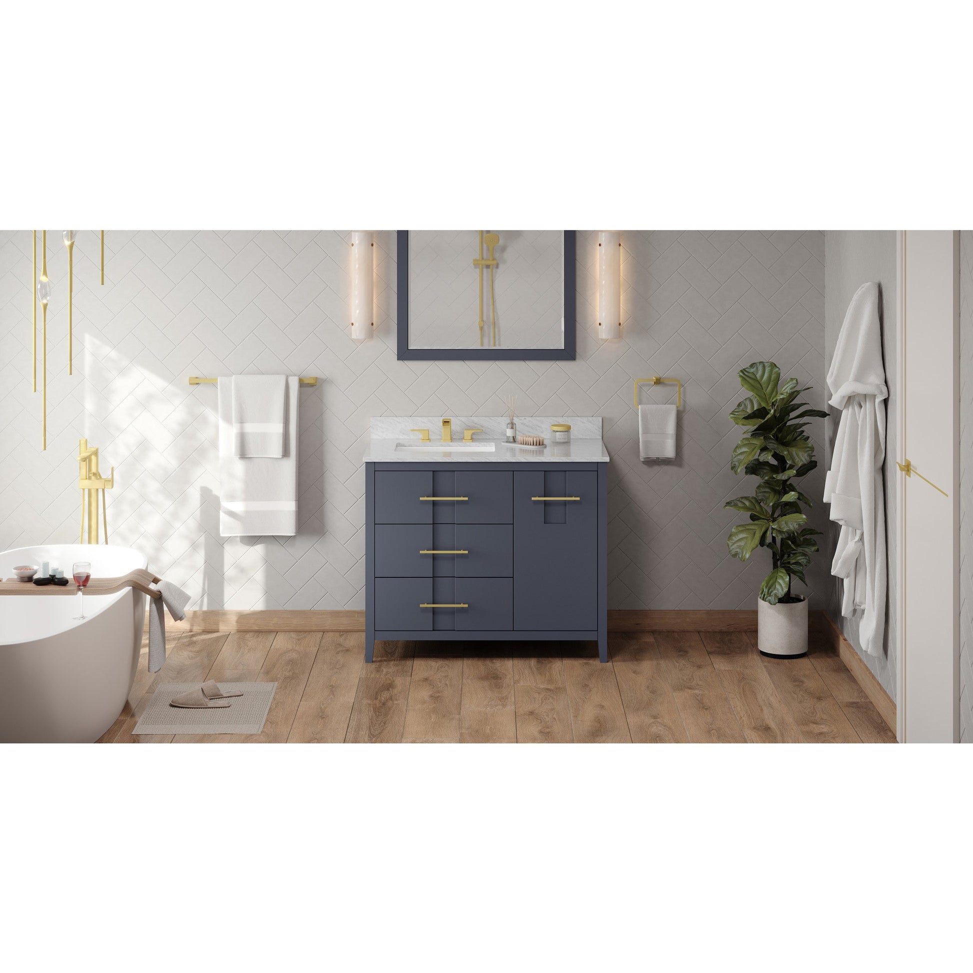 Hardware Resources Jeffrey Alexander Katara 42" Blue Steel Freestanding Vanity With Left Offset, White Carrara Marble Vanity Top, Backsplash and Rectangle Undermount Sink