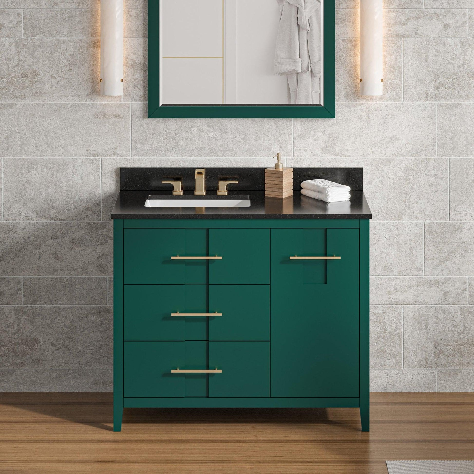 Hardware Resources Jeffrey Alexander Katara 42" Green Freestanding Vanity With Left Offset, Black Granite Vanity Top, Backsplash and Rectangle Undermount Sink