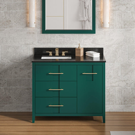 Hardware Resources Jeffrey Alexander Katara 42" Green Freestanding Vanity With Left Offset, Black Granite Vanity Top, Backsplash and Rectangle Undermount Sink