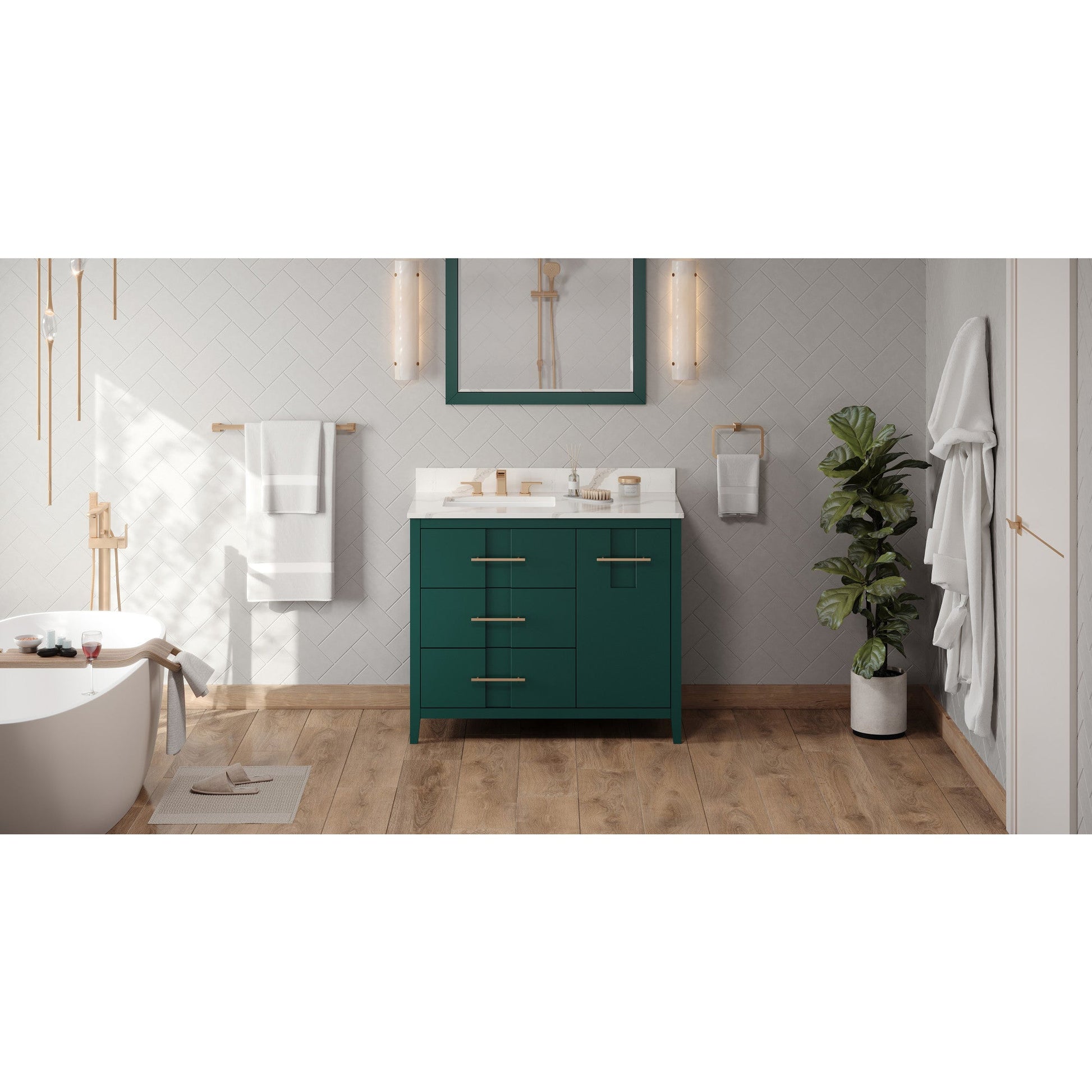 Hardware Resources Jeffrey Alexander Katara 42" Green Freestanding Vanity With Left Offset, Calacatta Vienna Quartz Vanity Top, Backsplash and Rectangle Undermount Sink