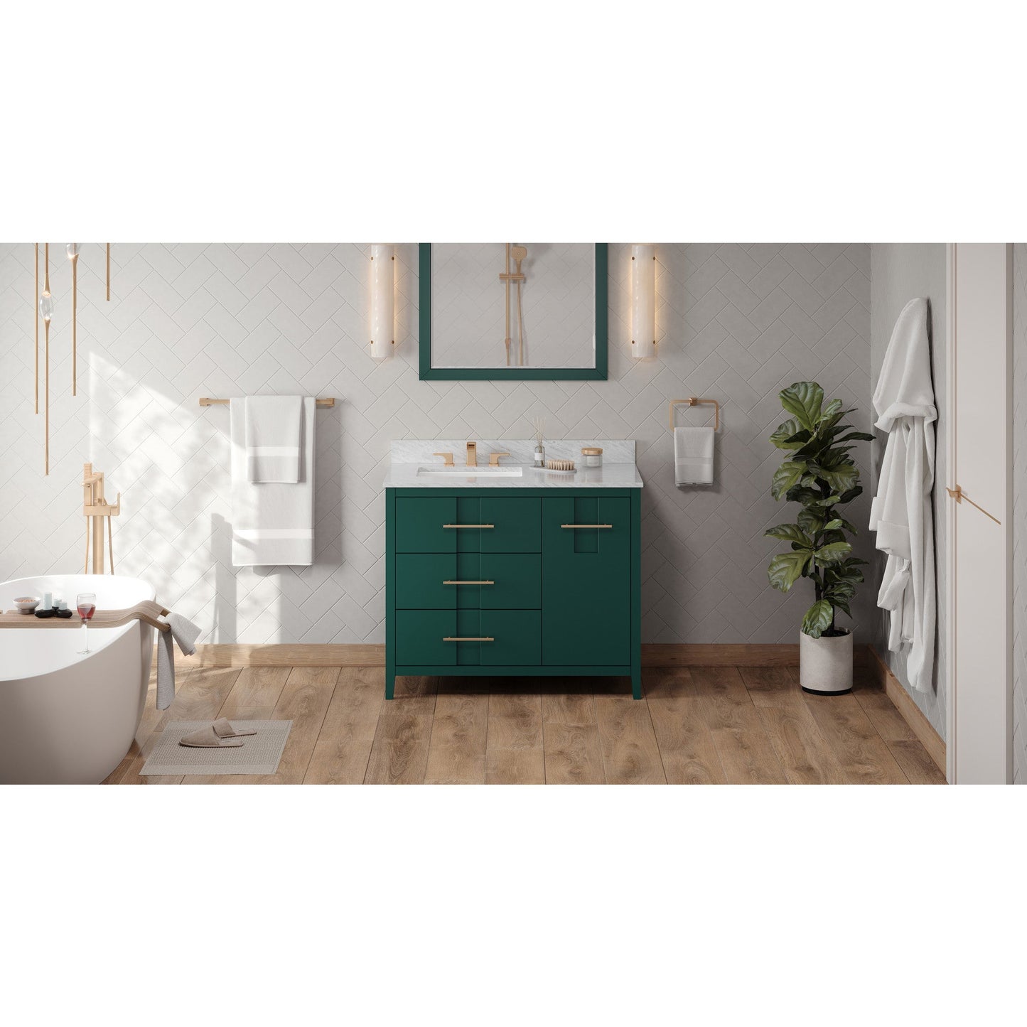 Hardware Resources Jeffrey Alexander Katara 42" Green Freestanding Vanity With Left Offset, White Carrara Marble Vanity Top, Backsplash and Rectangle Undermount Sink