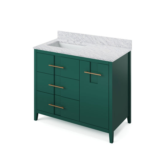 Hardware Resources Jeffrey Alexander Katara 42" Green Freestanding Vanity With Left Offset, White Carrara Marble Vanity Top, Backsplash and Rectangle Undermount Sink