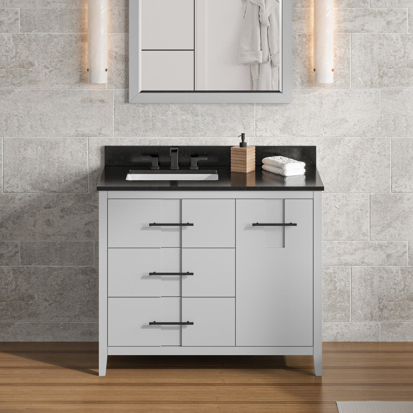 Hardware Resources Jeffrey Alexander Katara 42" Grey Freestanding Vanity With Left Offset, Black Granite Vanity Top, Backsplash and Rectangle Undermount Sink