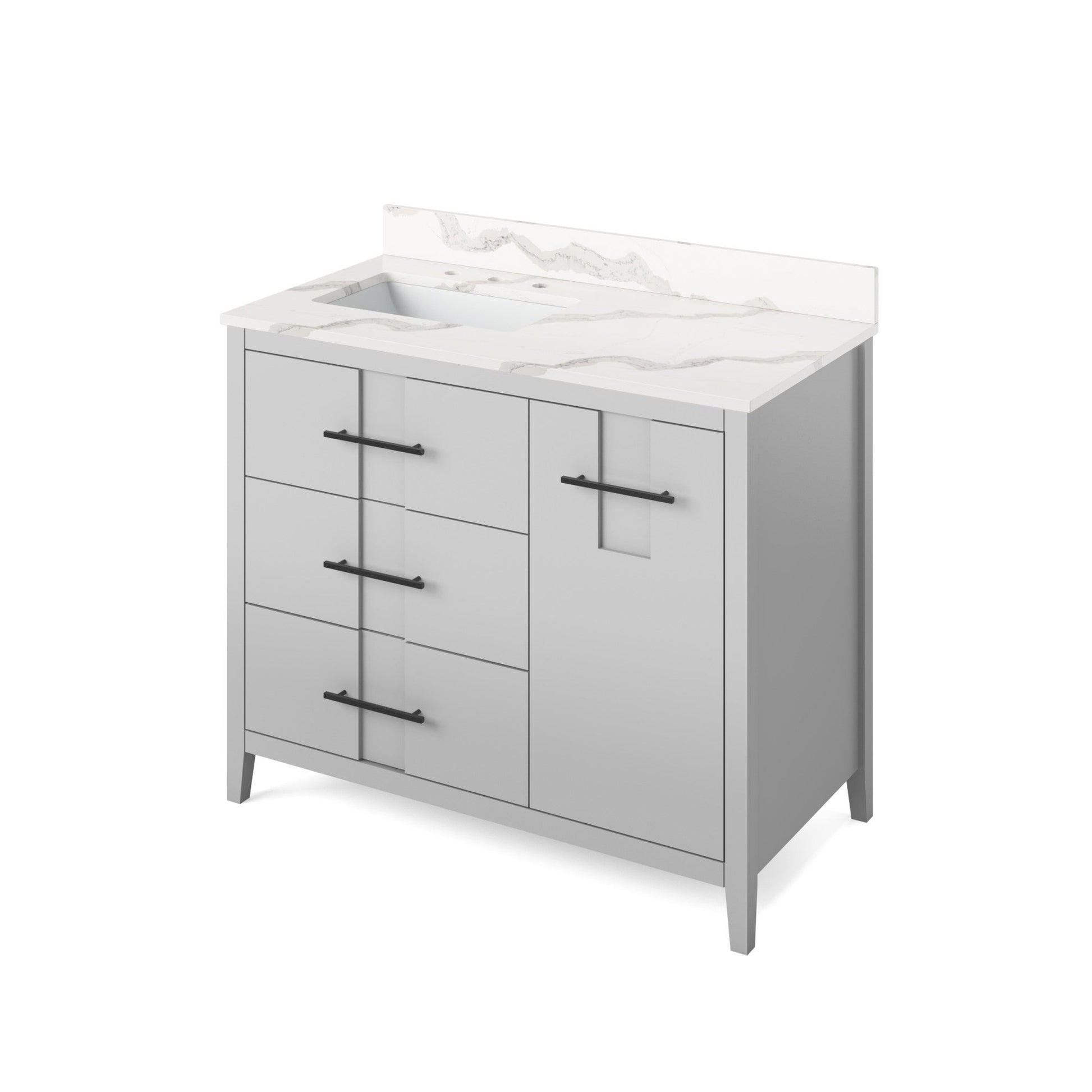 Hardware Resources Jeffrey Alexander Katara 42" Grey Freestanding Vanity With Left Offset, Calacatta Vienna Quartz Vanity Top, Backsplash and Rectangle Undermount Sink