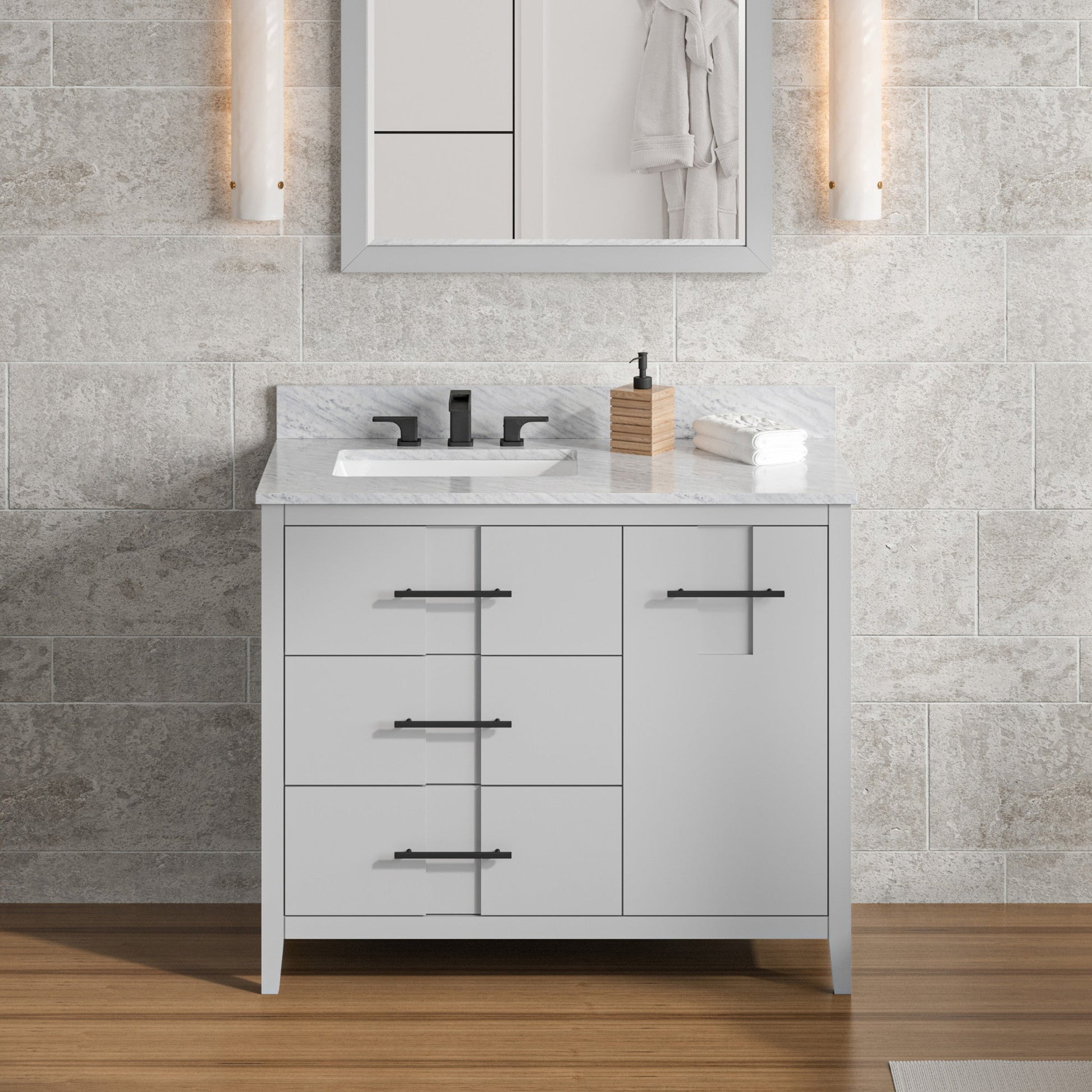 Hardware Resources Jeffrey Alexander Katara 42" Grey Freestanding Vanity With Left Offset, White Carrara Marble Vanity Top, Backsplash and Rectangle Undermount Sink