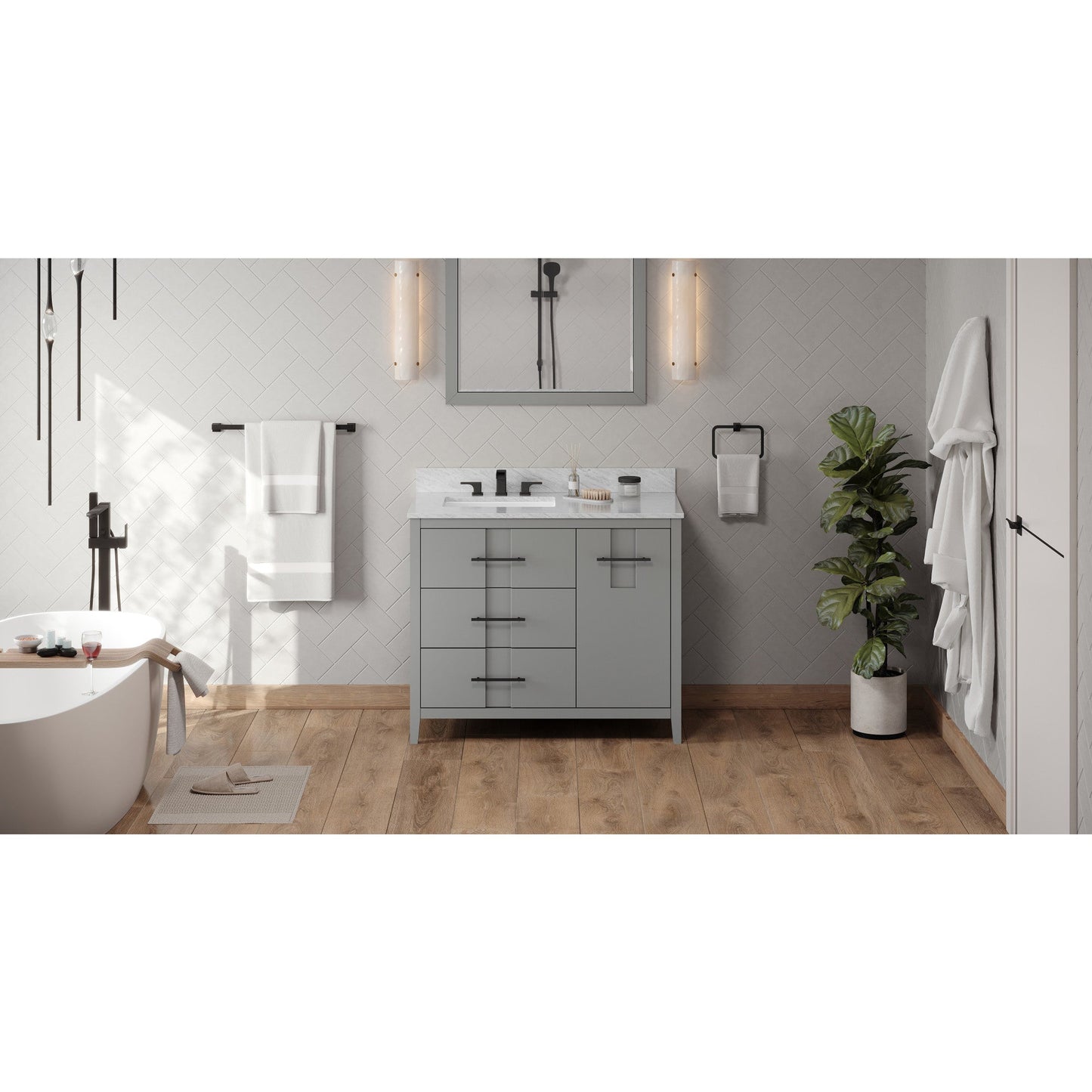 Hardware Resources Jeffrey Alexander Katara 42" Grey Freestanding Vanity With Left Offset, White Carrara Marble Vanity Top, Backsplash and Rectangle Undermount Sink