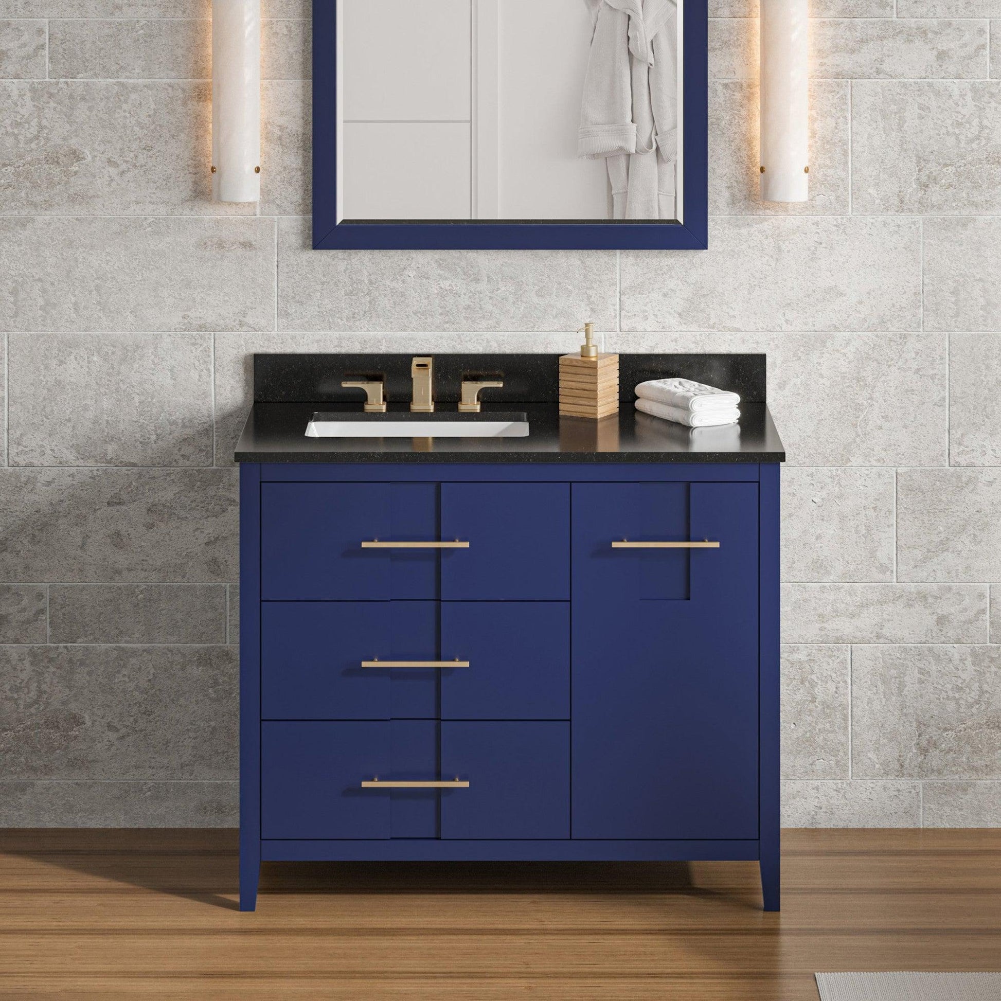 Hardware Resources Jeffrey Alexander Katara 42" Hale Blue Freestanding Vanity With Left Offset, Black Granite Vanity Top, Backsplash and Rectangle Undermount Sink