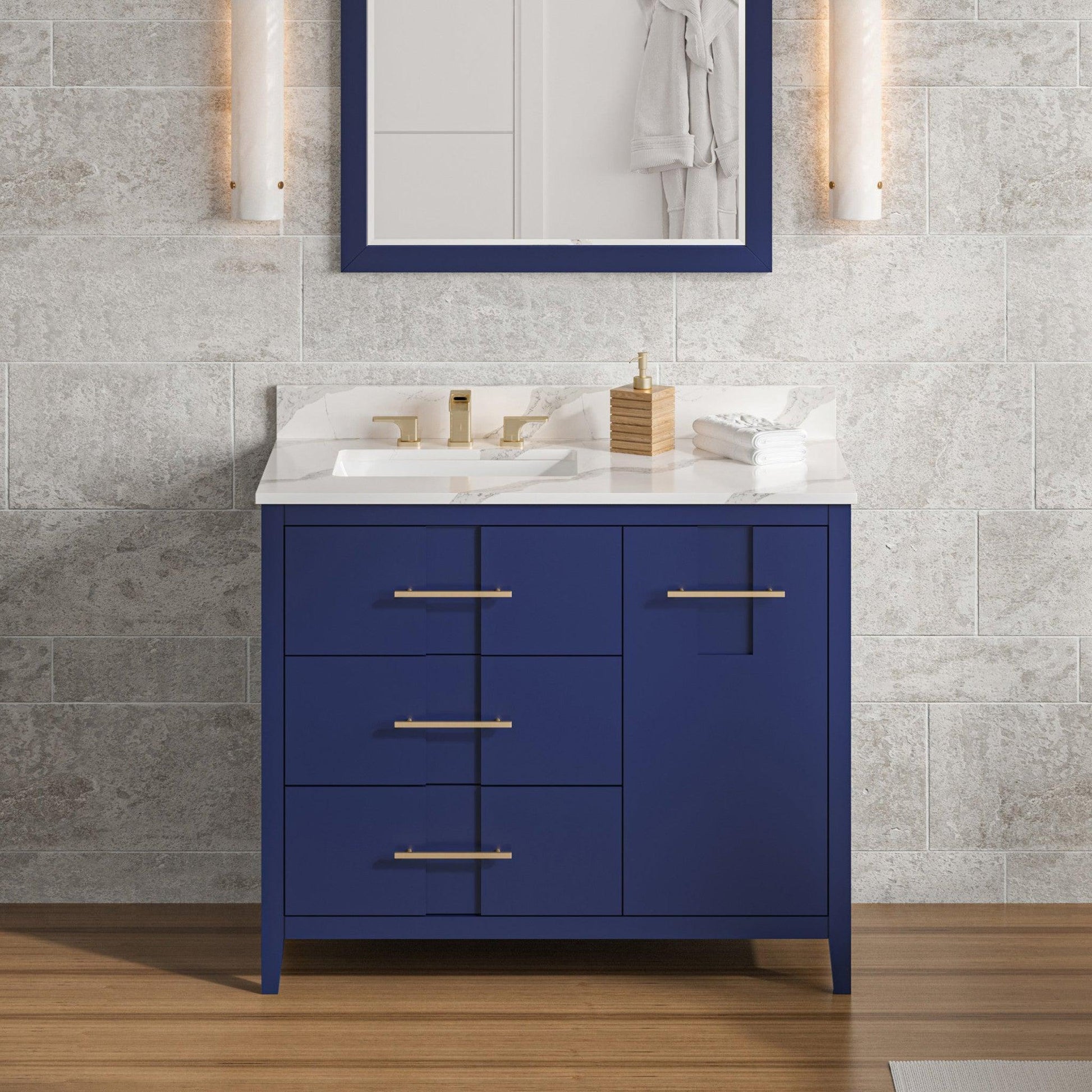 Hardware Resources Jeffrey Alexander Katara 42" Hale Blue Freestanding Vanity With Left Offset, Calacatta Vienna Quartz Vanity Top, Backsplash and Rectangle Undermount Sink