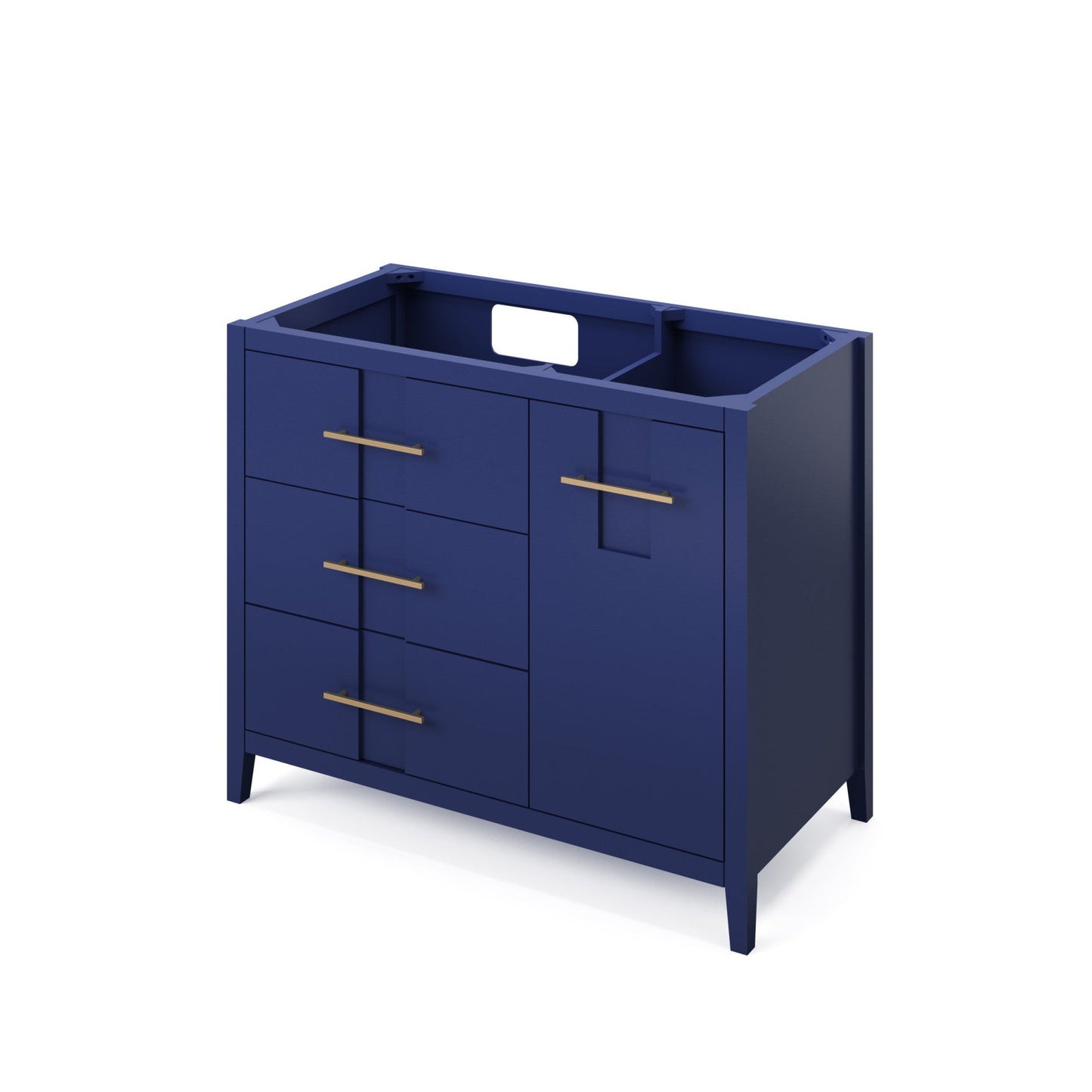 Hardware Resources Jeffrey Alexander Katara 42" Hale Blue Freestanding Vanity With Left Offset, Calacatta Vienna Quartz Vanity Top, Backsplash and Rectangle Undermount Sink