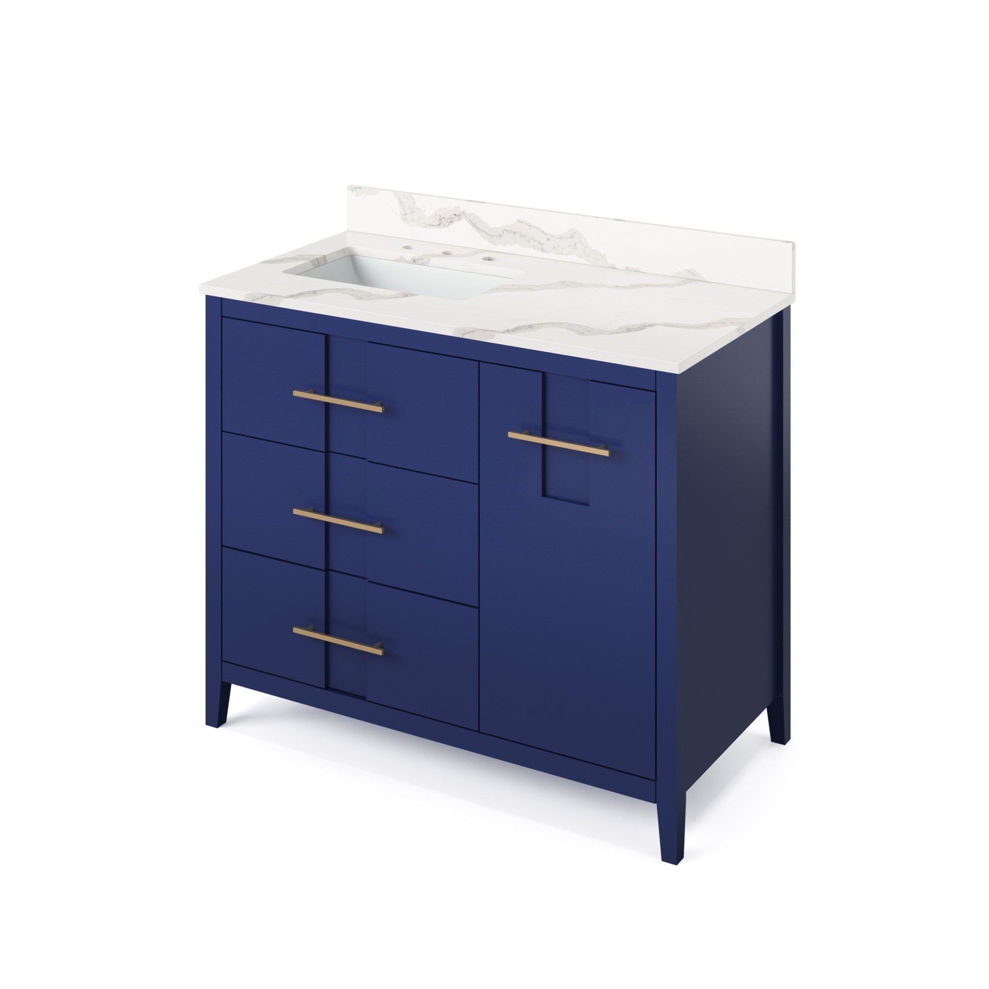 Hardware Resources Jeffrey Alexander Katara 42" Hale Blue Freestanding Vanity With Left Offset, Calacatta Vienna Quartz Vanity Top, Backsplash and Rectangle Undermount Sink