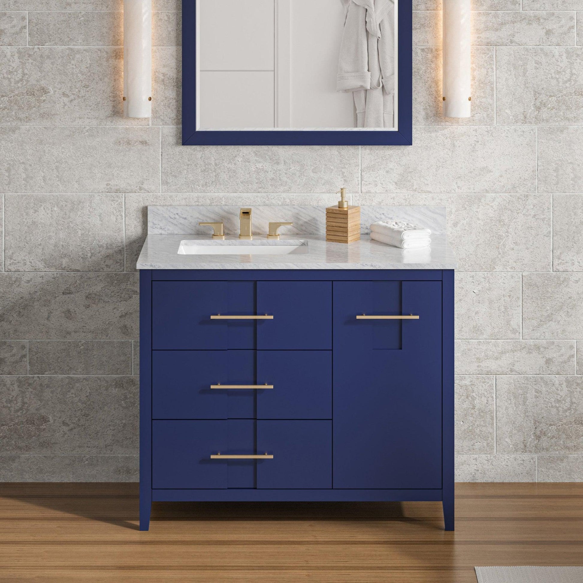 Hardware Resources Jeffrey Alexander Katara 42" Hale Blue Freestanding Vanity With Left Offset, White Carrara Marble Vanity Top, Backsplash and Rectangle Undermount Sink