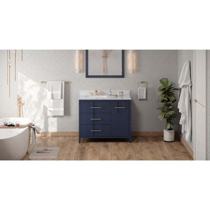 Hardware Resources Jeffrey Alexander Katara 42" Hale Blue Freestanding Vanity With Left Offset, White Carrara Marble Vanity Top, Backsplash and Rectangle Undermount Sink