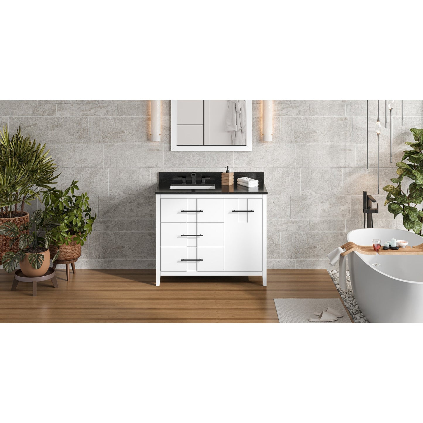 Hardware Resources Jeffrey Alexander Katara 42" White Freestanding Vanity With Left Offset, Black Granite Vanity Top, Backsplash and Rectangle Undermount Sink