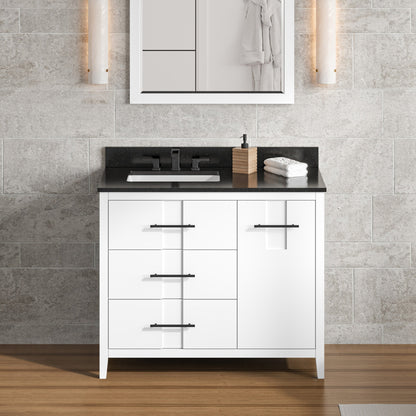 Hardware Resources Jeffrey Alexander Katara 42" White Freestanding Vanity With Left Offset, Black Granite Vanity Top, Backsplash and Rectangle Undermount Sink