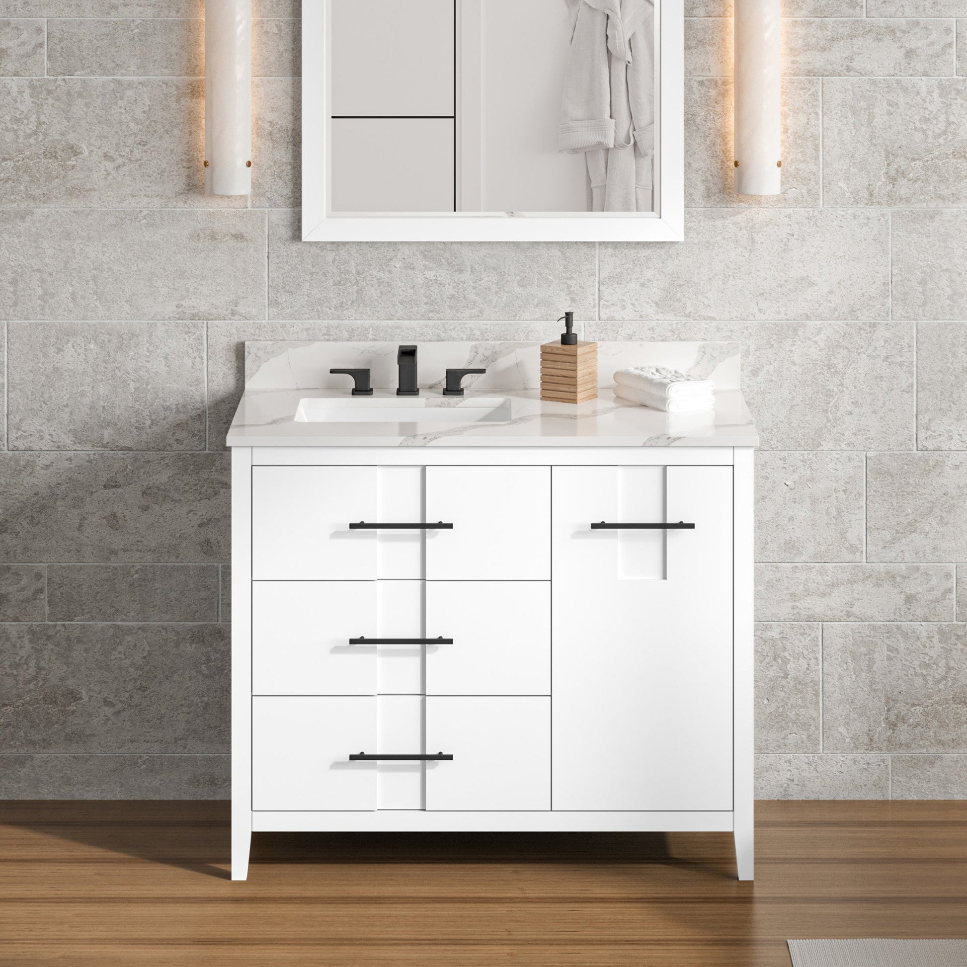 Hardware Resources Jeffrey Alexander Katara 42" White Freestanding Vanity With Left Offset, Calacatta Vienna Quartz Vanity Top, Backsplash and Rectangle Undermount Sink