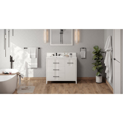 Hardware Resources Jeffrey Alexander Katara 42" White Freestanding Vanity With Left Offset, Calacatta Vienna Quartz Vanity Top, Backsplash and Rectangle Undermount Sink