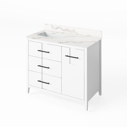 Hardware Resources Jeffrey Alexander Katara 42" White Freestanding Vanity With Left Offset, Calacatta Vienna Quartz Vanity Top, Backsplash and Rectangle Undermount Sink