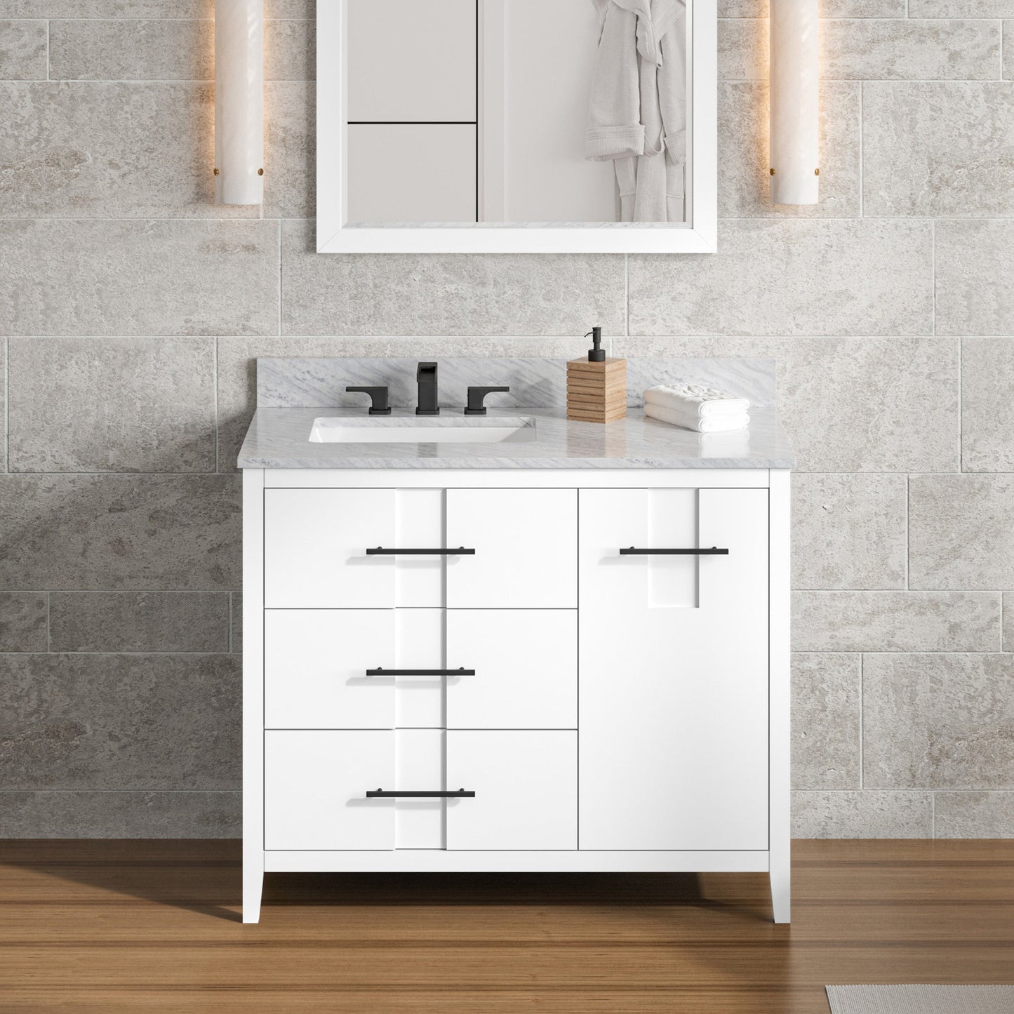 Hardware Resources Jeffrey Alexander Katara 42" White Freestanding Vanity With Left Offset, White Carrara Marble Vanity Top, Backsplash and Rectangle Undermount Sink