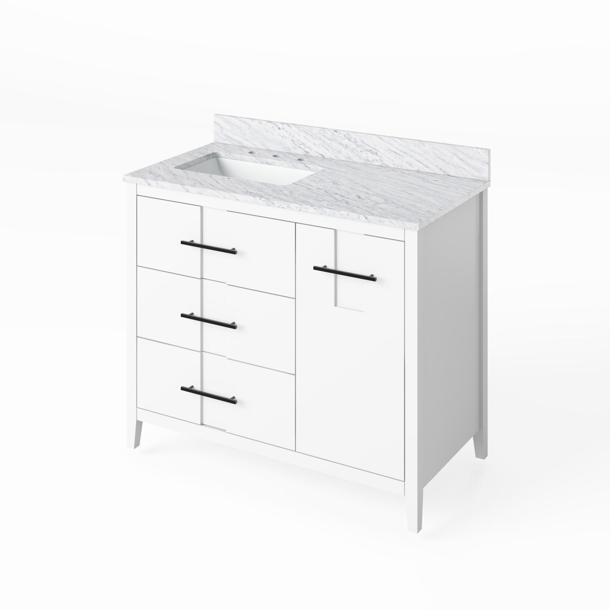 Hardware Resources Jeffrey Alexander Katara 42" White Freestanding Vanity With Left Offset, White Carrara Marble Vanity Top, Backsplash and Rectangle Undermount Sink