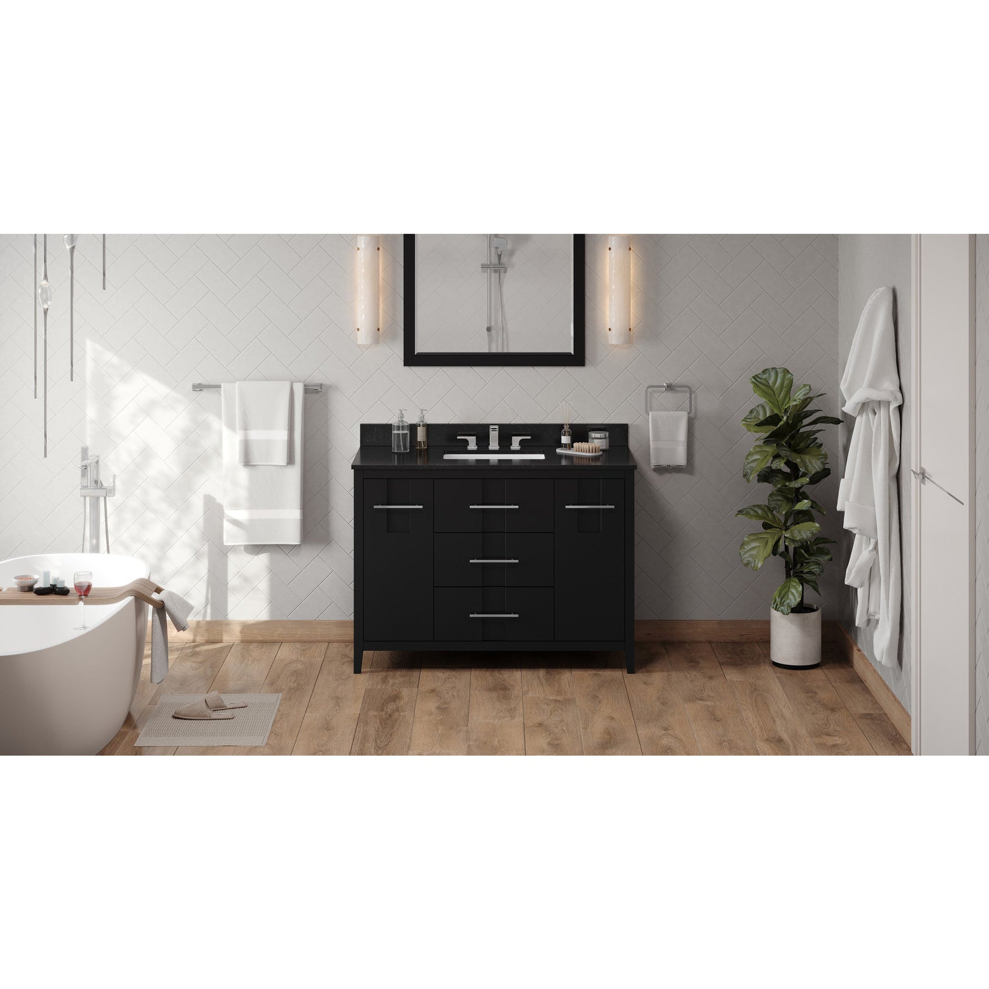 Hardware Resources Jeffrey Alexander Katara 48" Black Freestanding Vanity With Black Granite Vanity Top, Backsplash and Rectangle Undermount Sink