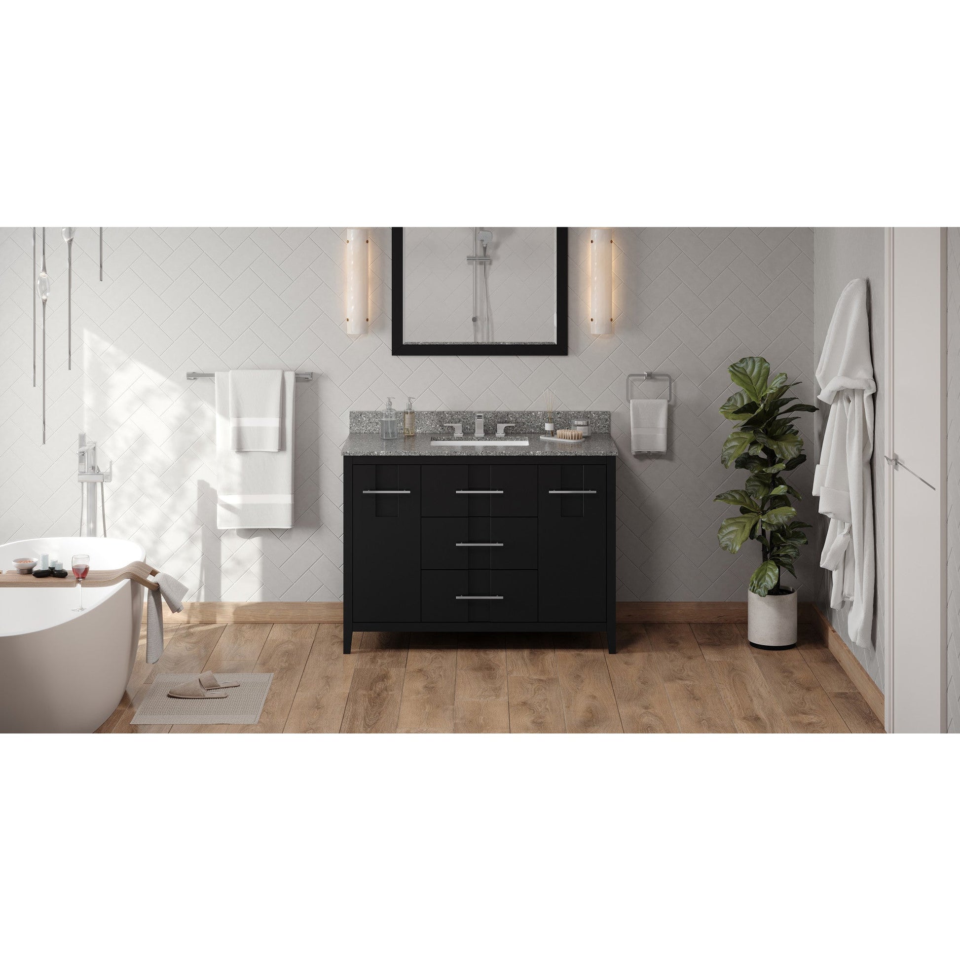 Hardware Resources Jeffrey Alexander Katara 48" Black Freestanding Vanity With Boulder Cultured Marble Vanity Top, Backsplash and Rectangle Undermount Sink