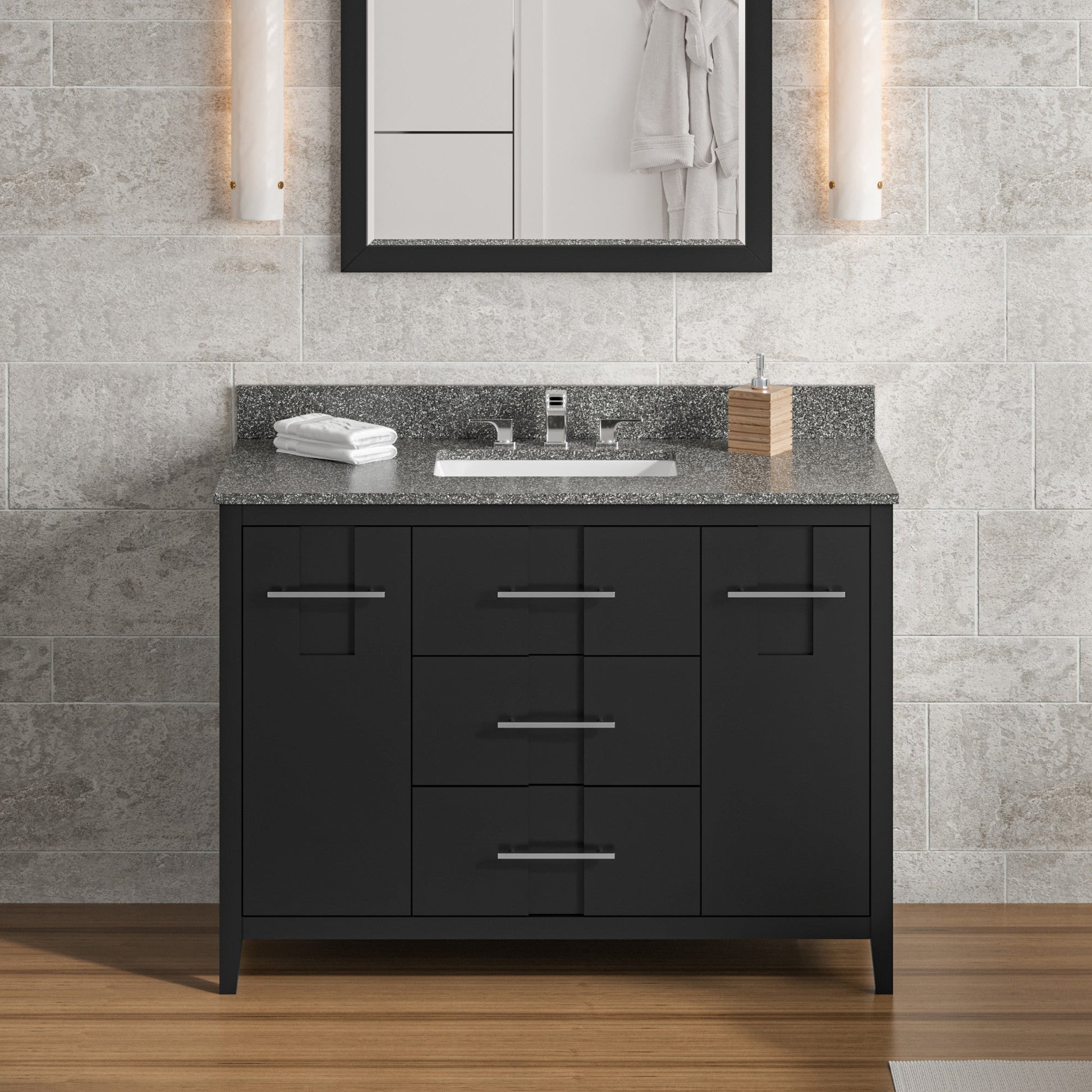 Hardware Resources Jeffrey Alexander Katara 48" Black Freestanding Vanity With Boulder Cultured Marble Vanity Top, Backsplash and Rectangle Undermount Sink